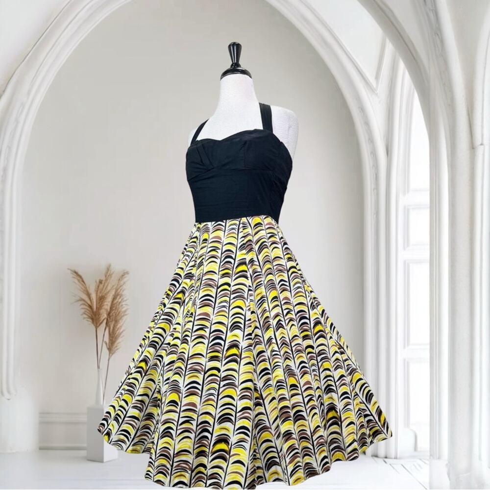Anthropologie Yellow Black Brown Savoy Vintage Inspired Halter Dress Size 8